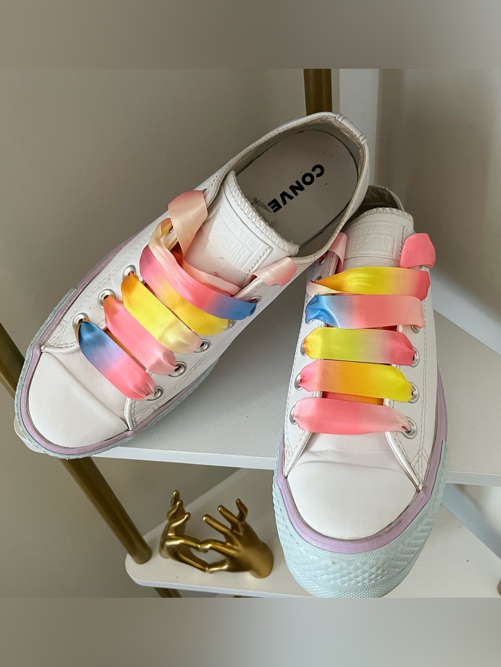 Converse White Low-Top Sneakers with Rainbow Satin Laces